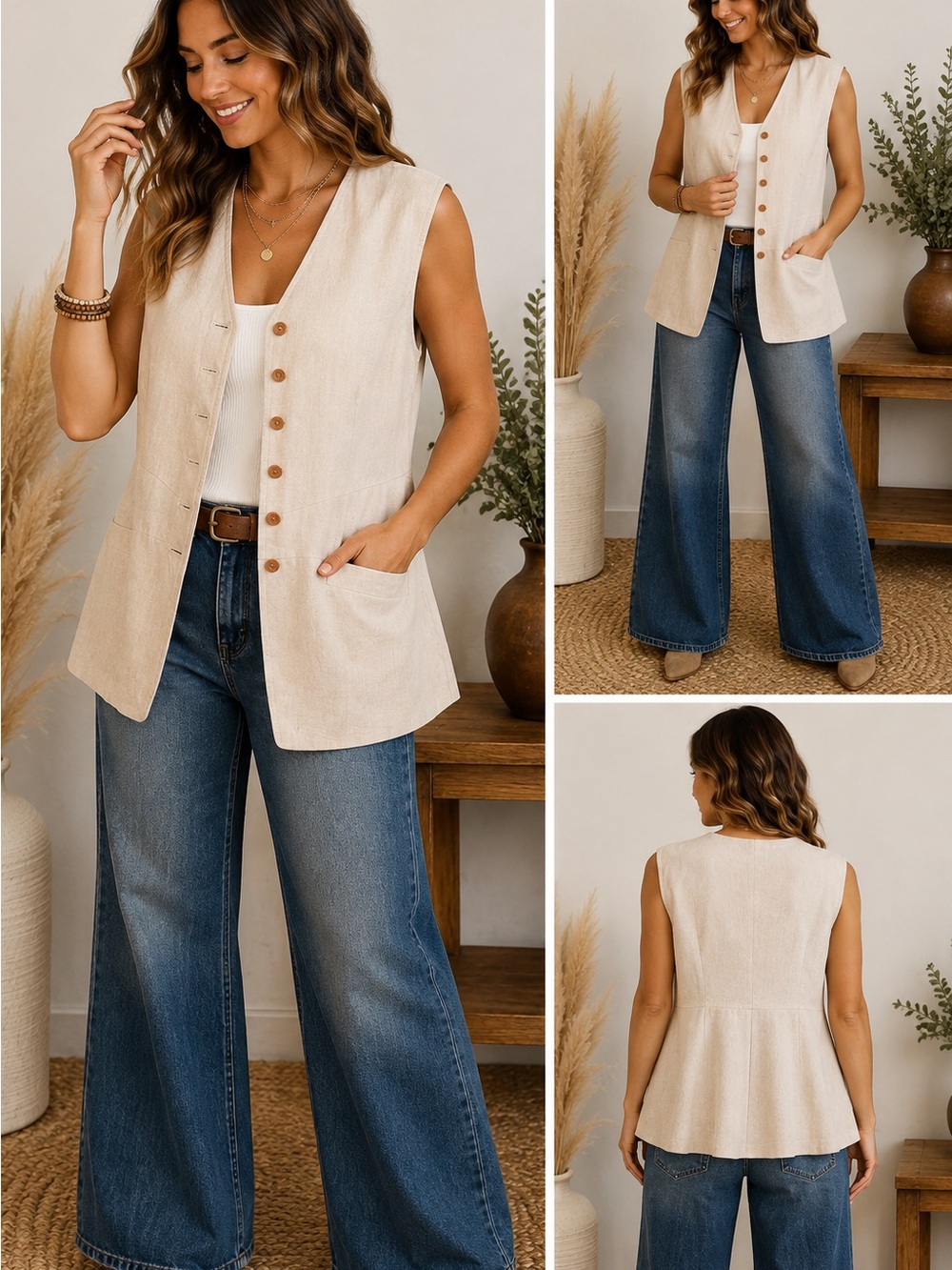 Sleeveless Button-Front Vest in Light Beige - Women Tops Blouses